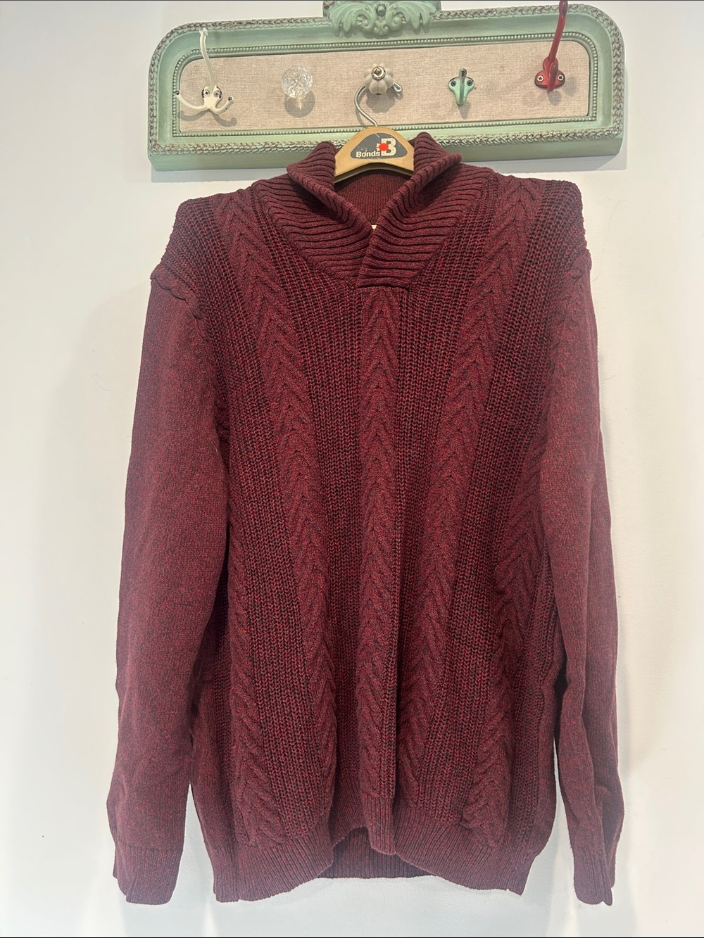 Tasso Elba Men's Cotton V-Neck Cable Knit Sweater Shawl collar Burgundy size XL